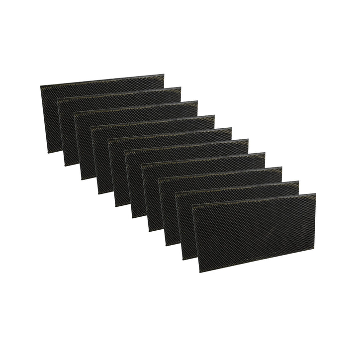 A collection of black plastic bee foundations arranged side by side.