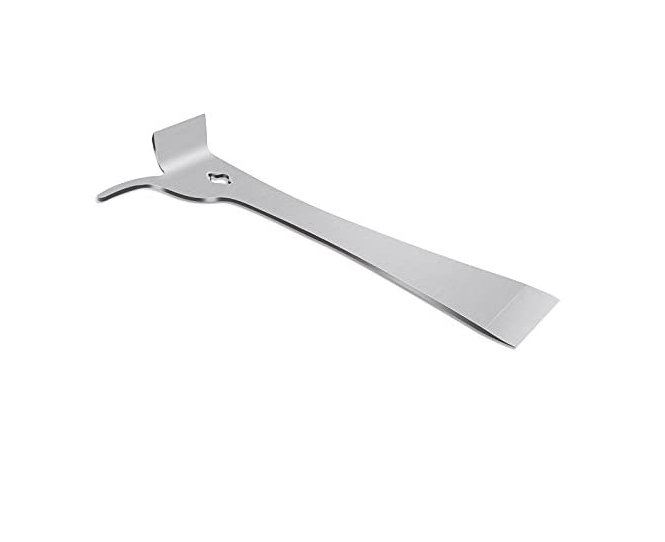 A silver-colored hive tool with a scraper on one end and a J hook on the other, approximately 9 inches long.