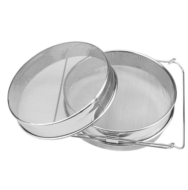 A stainless steel double sieve honey strainer with two mesh screens stacked together, with a handle on the side.